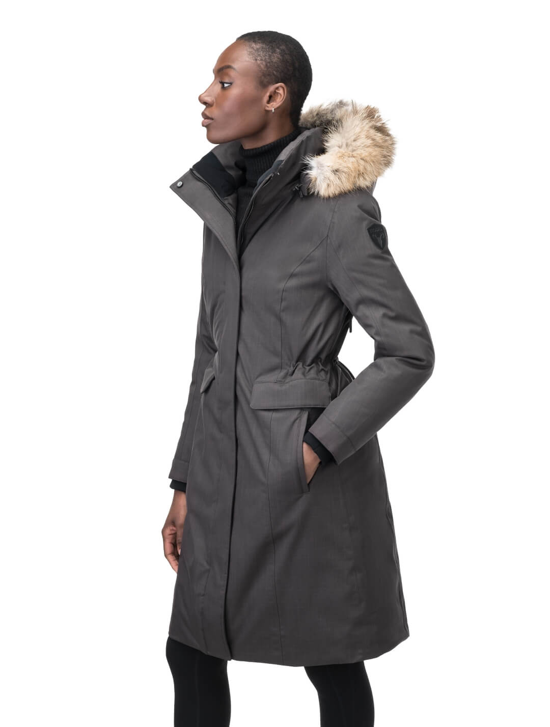 Zenith Ladies Knee Length Parka in knee length, Canadian duck down insulation, removable hood with removable fur ruff trim, and two-way front zipper, in Steel Grey