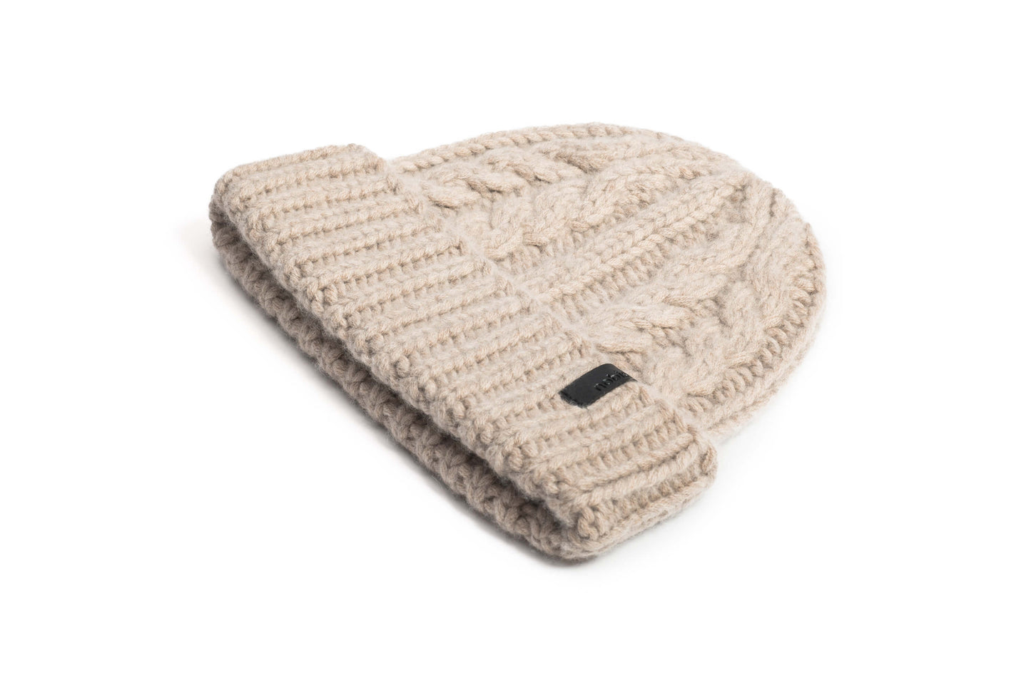 Dew Unisex Cable Knit Beanie in superfine merino wool and cashmere, and nobis leather label at cuff, in Khaki