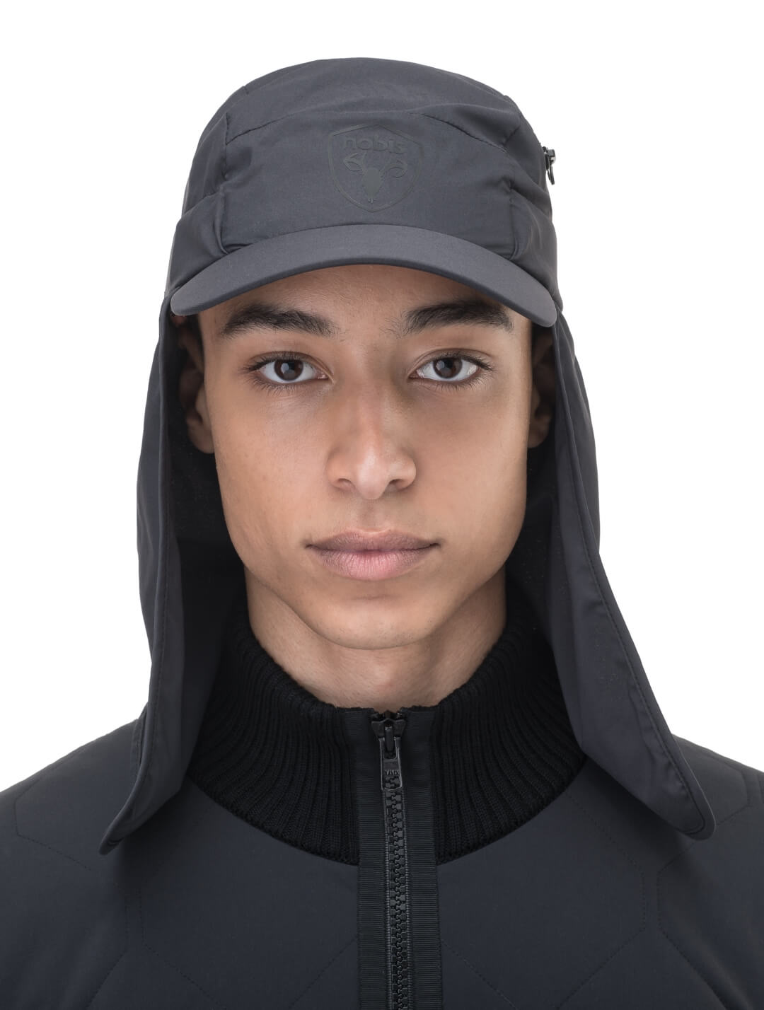 Tal Unisex 3-in-1 cap in 5-panel construction, curved peak brim, back flap, adjustable cobra buckle at back, zipper pocket on left side crown, and detachable face covering, in Black