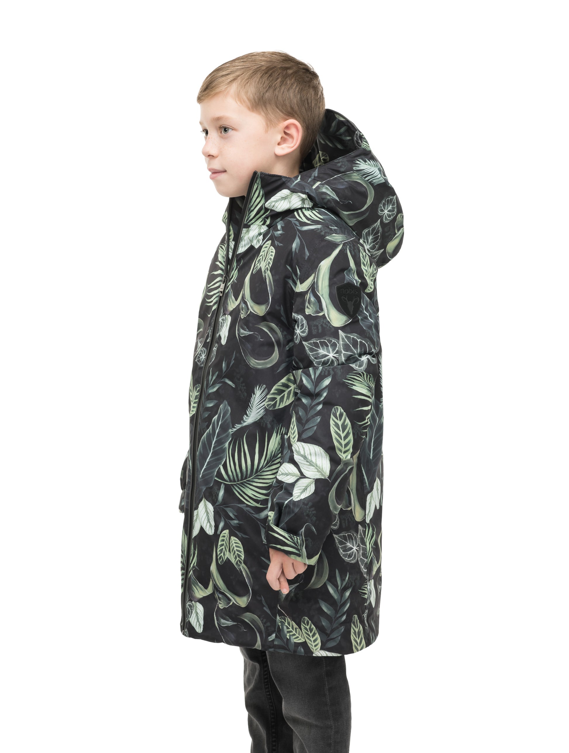 Little Comet Kids Parka in thigh length, Canadian duck down insulation, non-removable hood, two-way front zipper, packable body, in Foliage