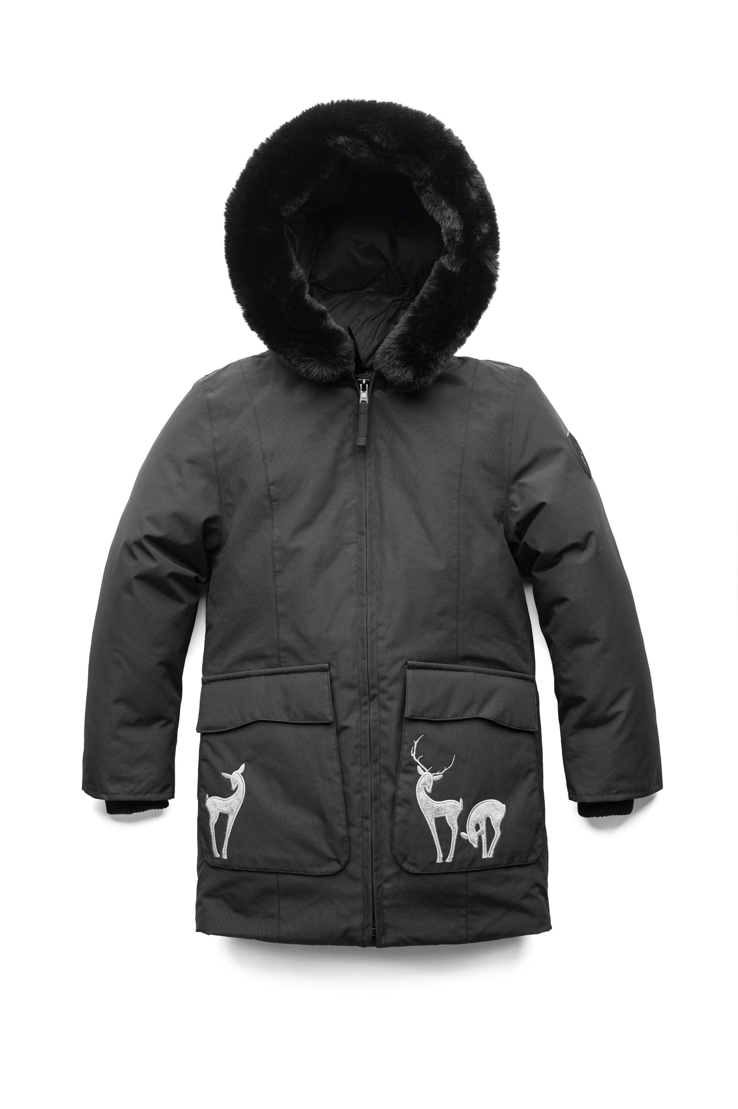 Kid's knee length down filled parka with deer applique detailing on the front patch pockets in Cy Black