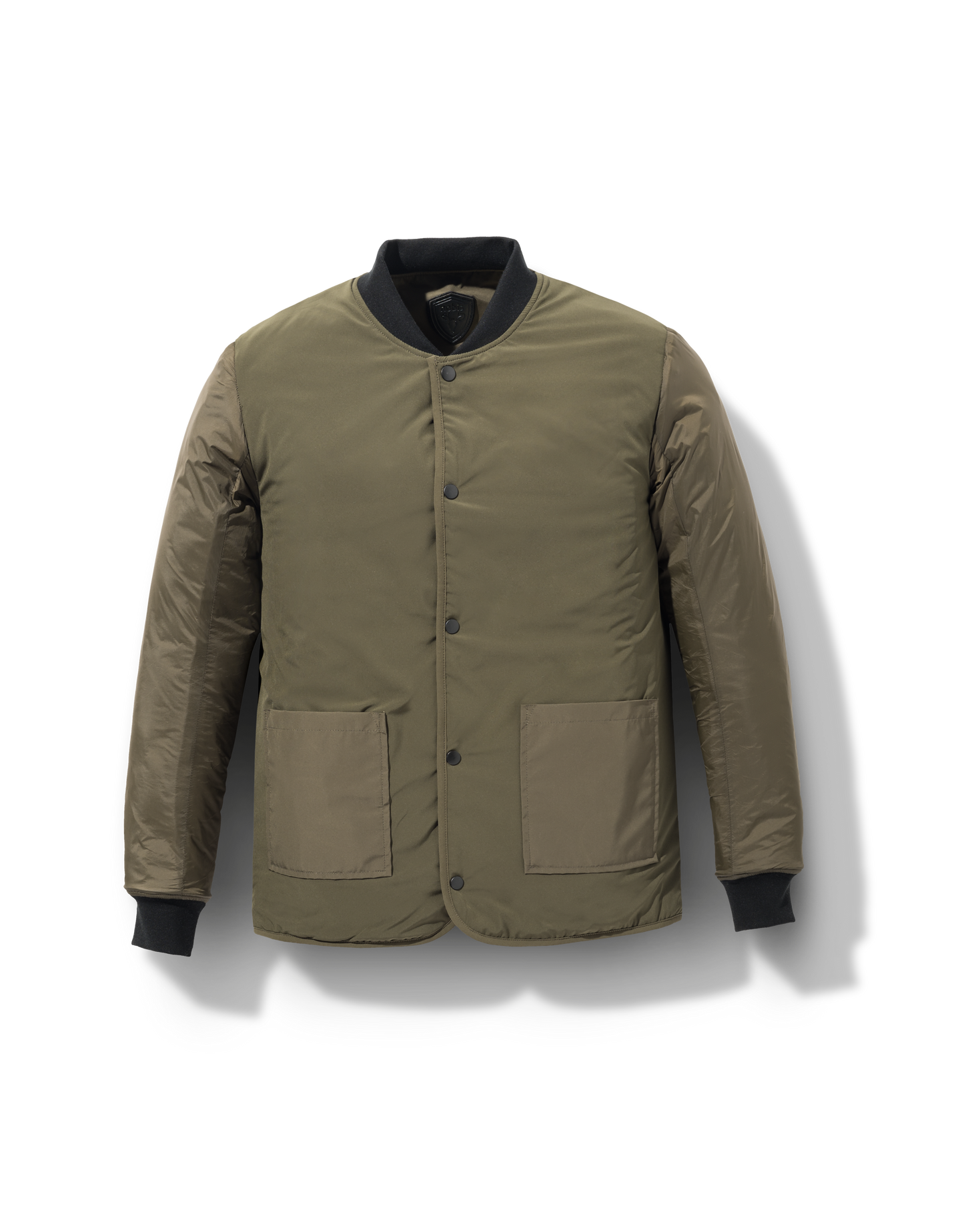 Speck Men's Tailored Mid Layer Jacket in hip length, Primaloft Gold Insulation Active+, diamond quilted body, rib knit collar and cuffs, snap buton front closure, and hidden side-entry zipper pockets at waist, in Fatigue