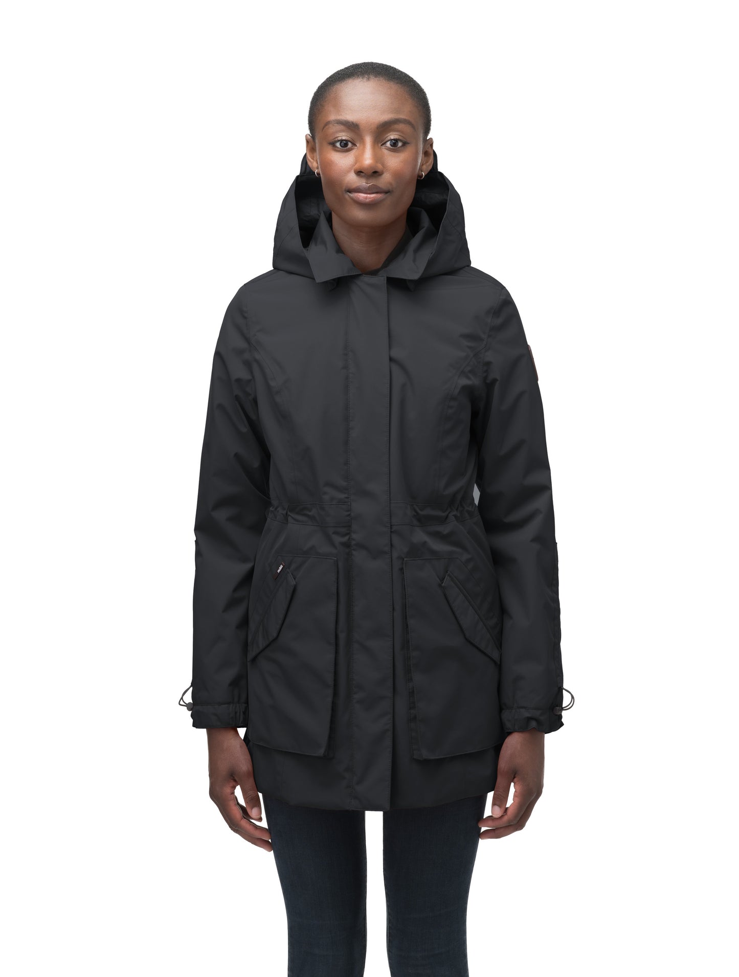 Women's thigh length raincoat with collar and non-removable hood in Black